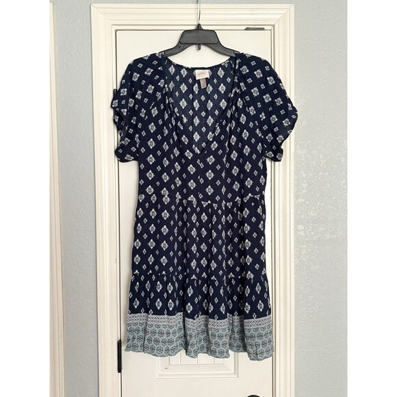 Knox Rose Dress Womens Size Large Blue Short Sleeve Boho Knit Diamond V-Neck - Picture 1 of 4